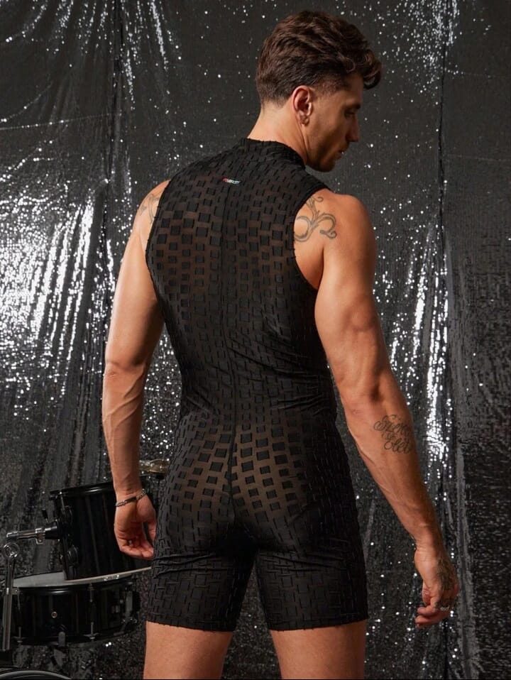 Uptown Funky Deep V-Neck Sleeveless Fitted Short Men's Jumpsuit & Bib Pants Set Romper